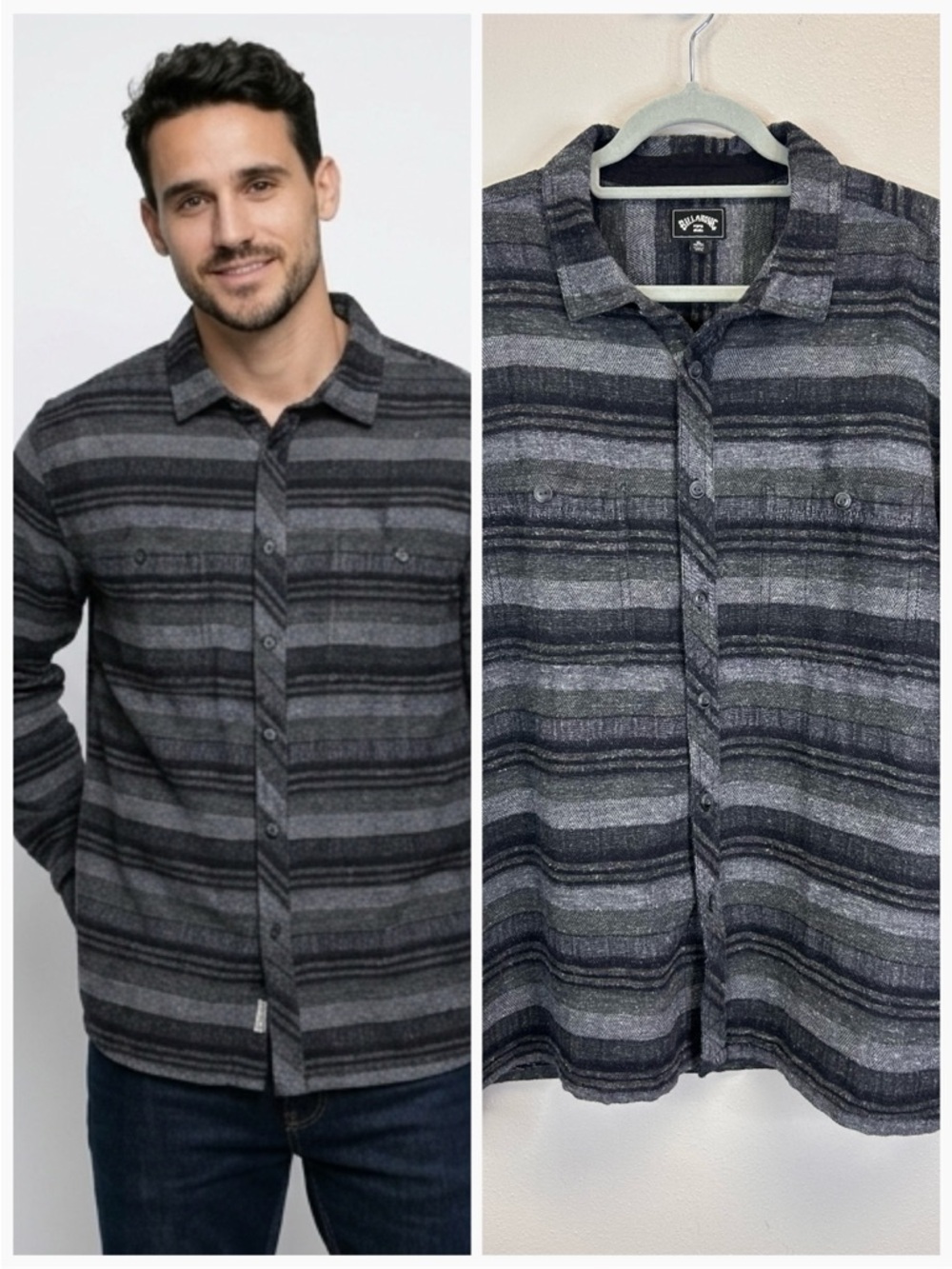 Boho Camping Skater Billabong Charcoal Black Striped Button Shirt XL Casual Mens